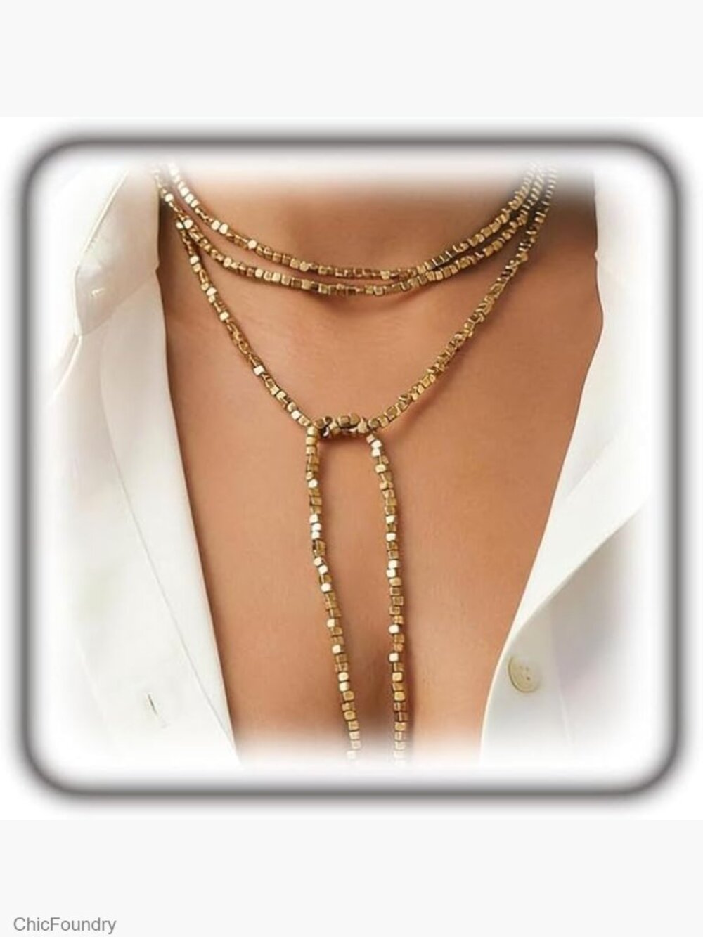 Gold Beaded Long Chain Necklace, Vintage Layered Pearl Y-Necklace Statement